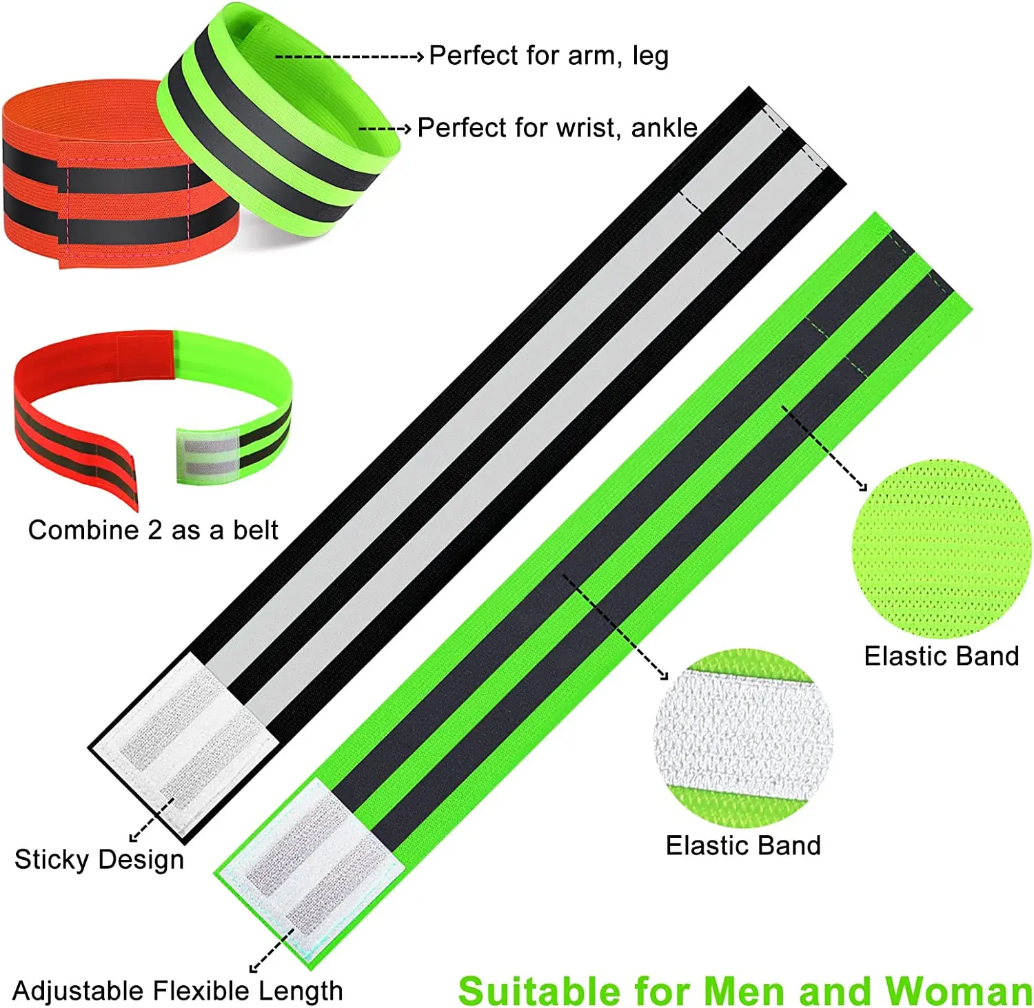 2Pcs Warning Reflective Bands Elastic Armband Wristband Reflector Tape Safety Straps for Night Cycling Running Fishing Security