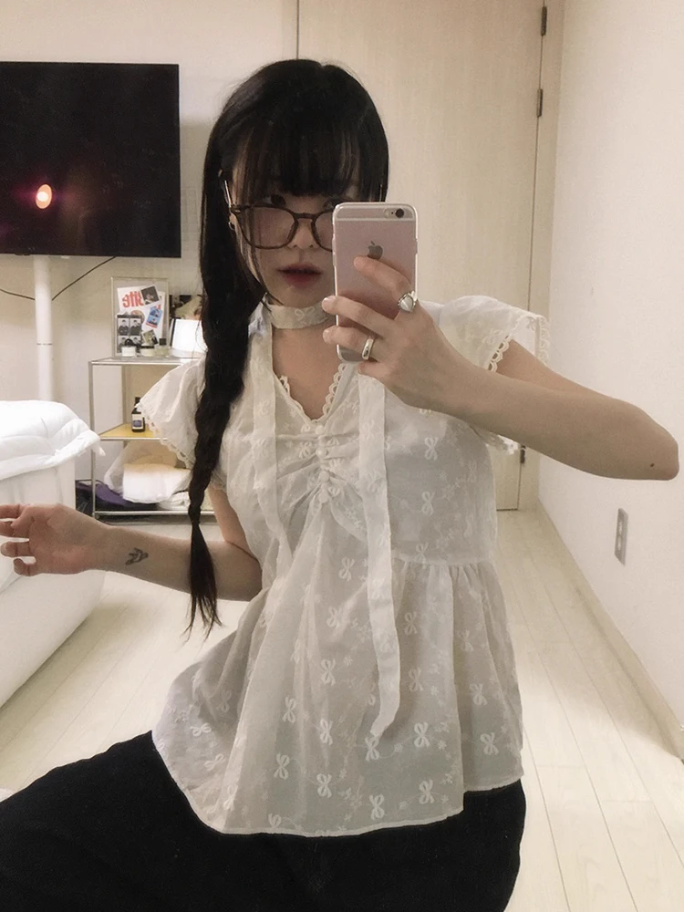 

Женский летний топ Sweet V-Ne с цветочной вышивкой и цветочным принтом, новый корейский свободный топ Gentle Breeze Hanging Ne Sa Flng Sve...