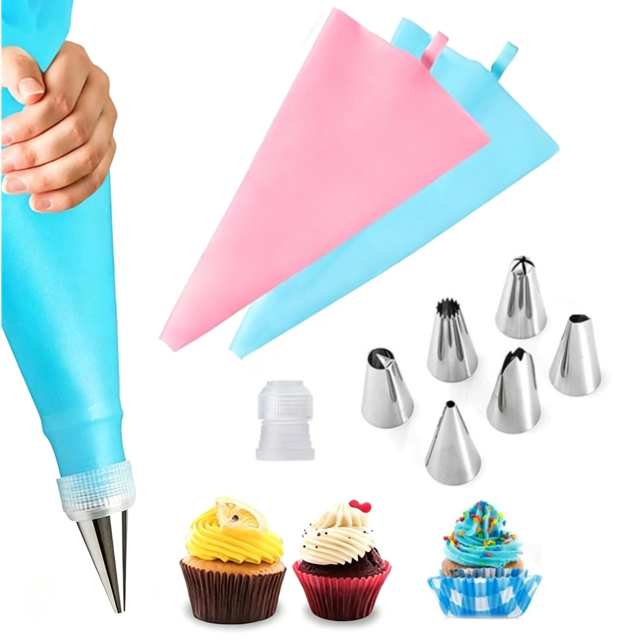 8Pcs/Set Silicone Kitchen Accessories Icing Piping Cream Pastry Bag + 6 Stainless Steel Nozzle Set DIY Cake Decorating Tips Set