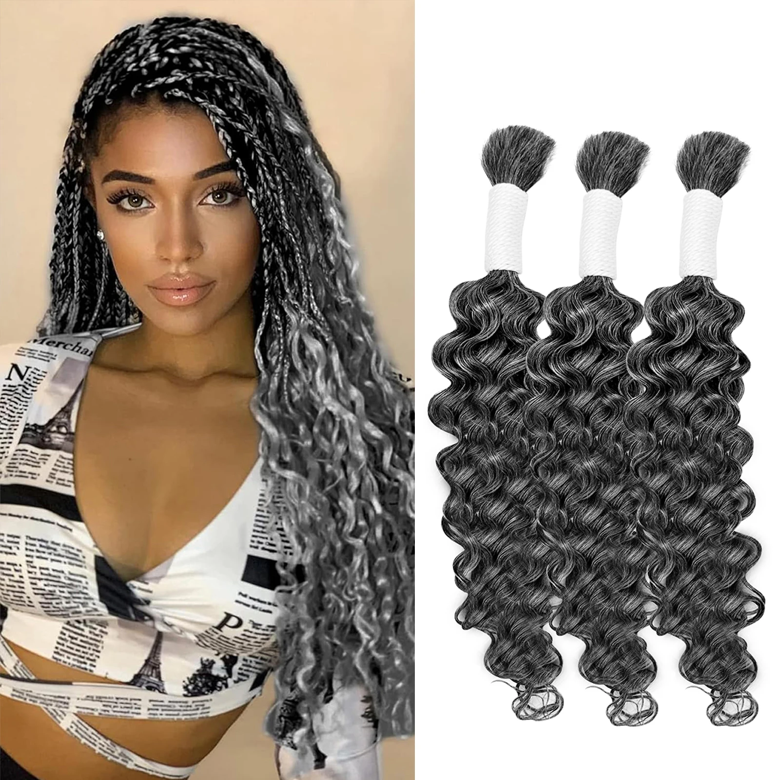 Salt and Pepper Bug Hook Braids Crochet Hair 16A Grey Deep Wave Bulk Human Hair 150g/Bundles No Weft Boho Braids Hair Extensions