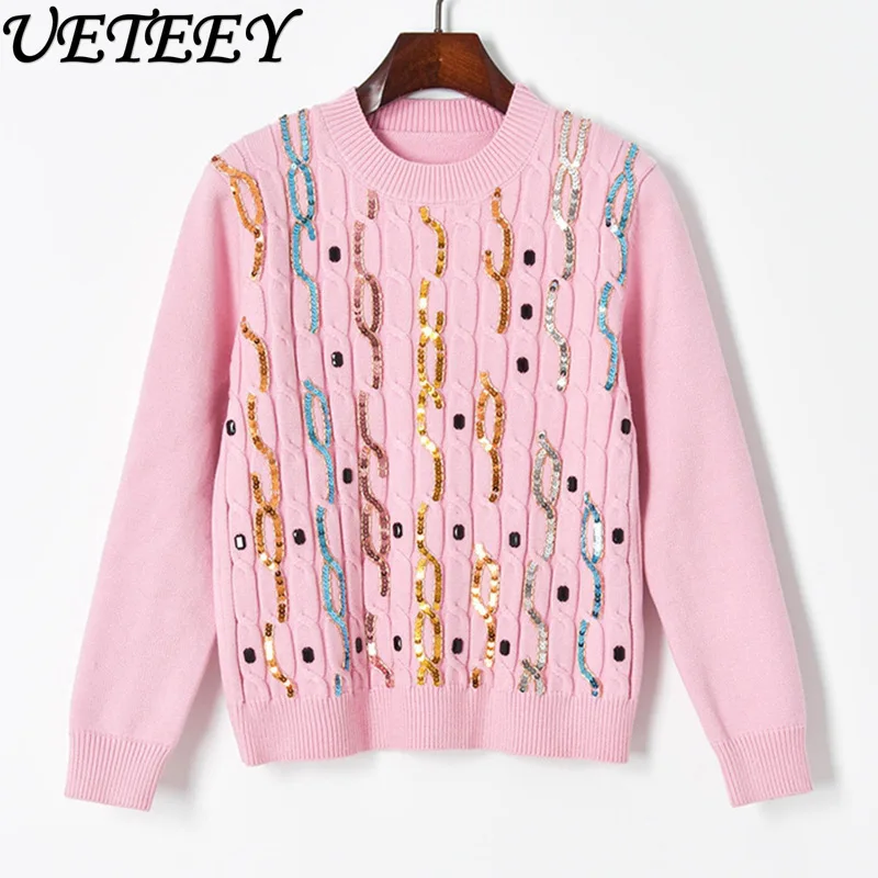 

Осень-зима, тяжелый вязаный свитер с вышивкой бисером, элегантный модный женский универсальный пуловер с длинными рукавами и круглым вырезом