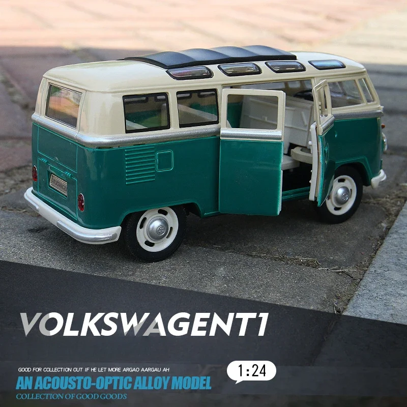 T1 Bus Alloy Model Volkswagen Pullback Sound Light Toy Car Simulation 1:24 Birthday Gift Children Boy Diecast Miniature Voiture