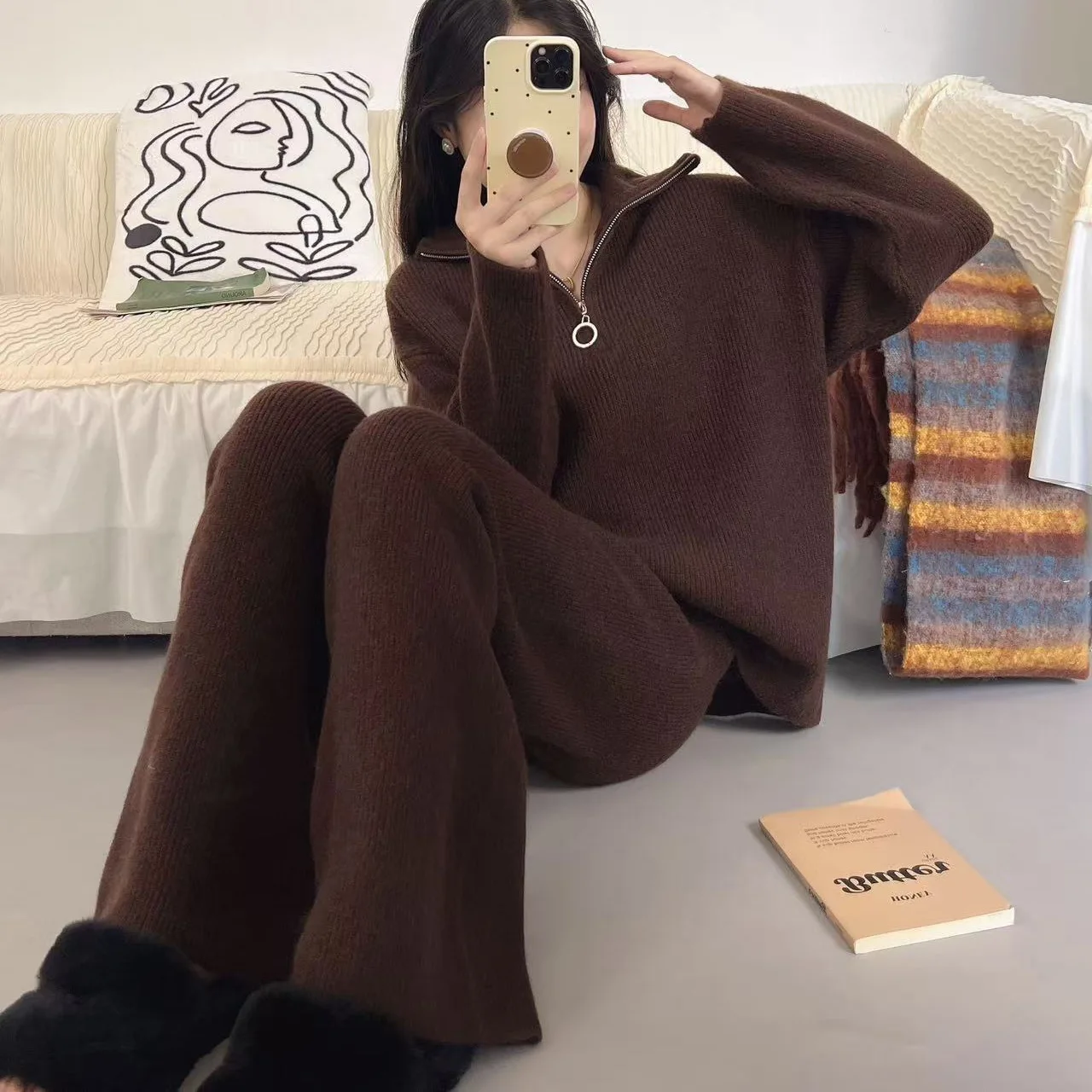 2025 Winter Two Piece Sets Women Clothing Autumn Casual Solid Round Neck Pullover Loose Fit Knitted Sweater Pants Suits