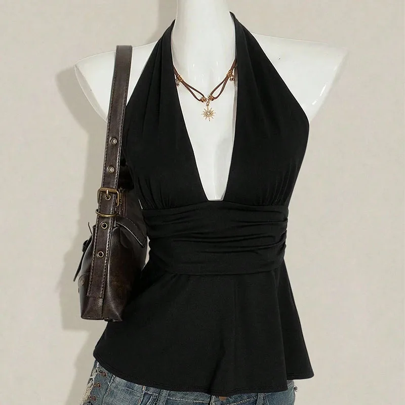 Deep V-neck Unique Design Slim-Fit Sexy Hot Girl Halter Socialite Style Backless Niche Solid Color Vest Ins Style