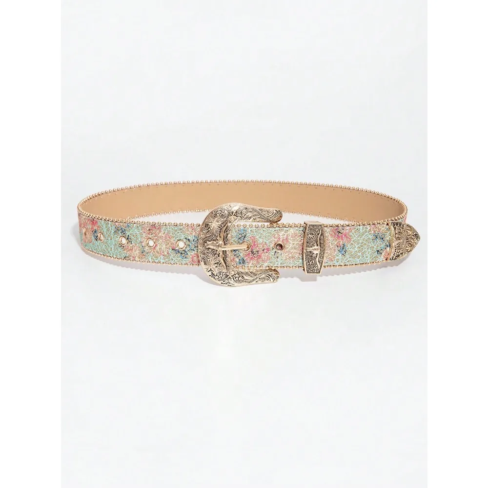 1 Piece Women's Retro Luxury Carved Bull Head Star Metal Buckle Light Green Flower Print Bead Edge PU Belt