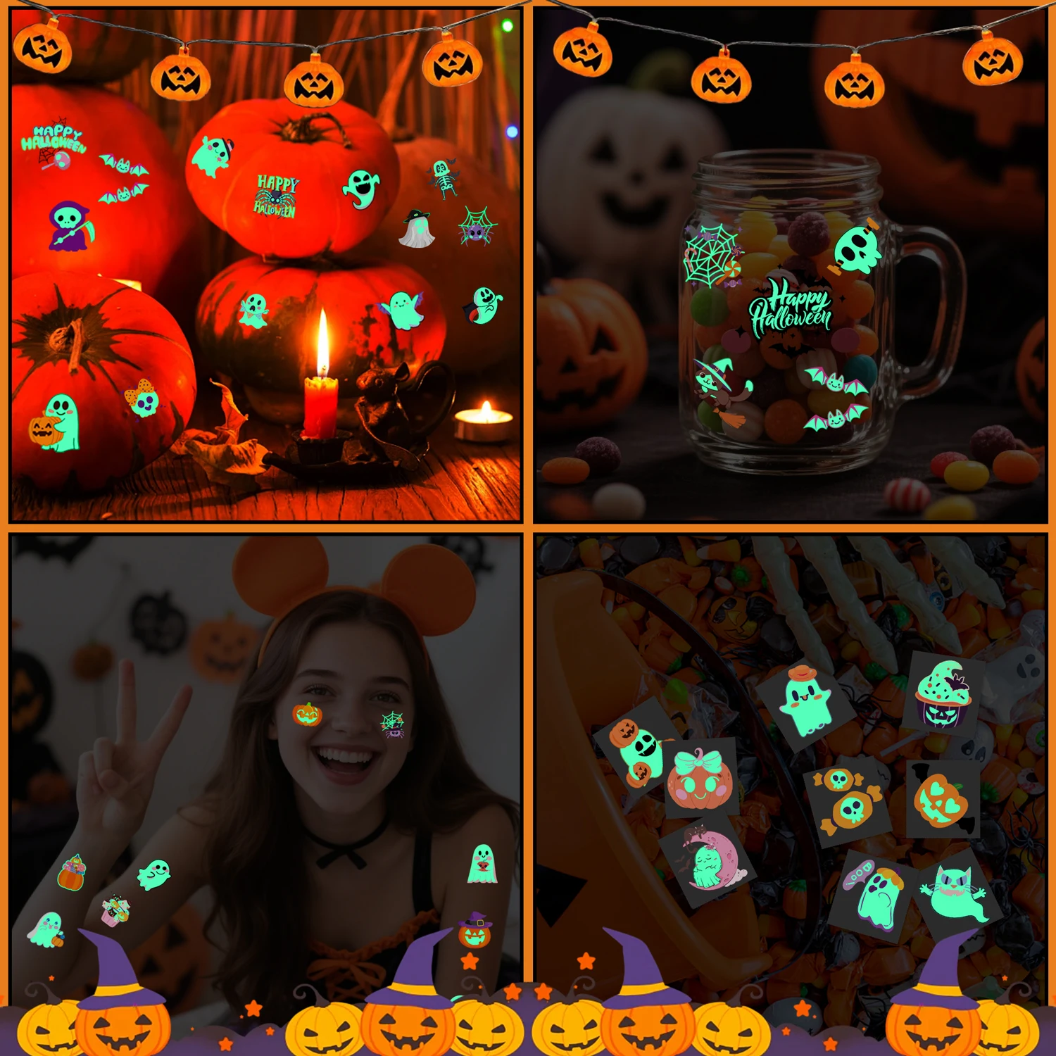 Glow-in-the-Dark Halloween Temporary Tattoos, with a variety of patterns, are suitable as party decorations and gifts，36 sheets