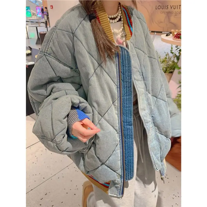 

Denim Padded Warm Cotton-padded Jacket Coat Women's Winter High-grade Retro Rhombic Stitching Cotton-padded Jacket Top