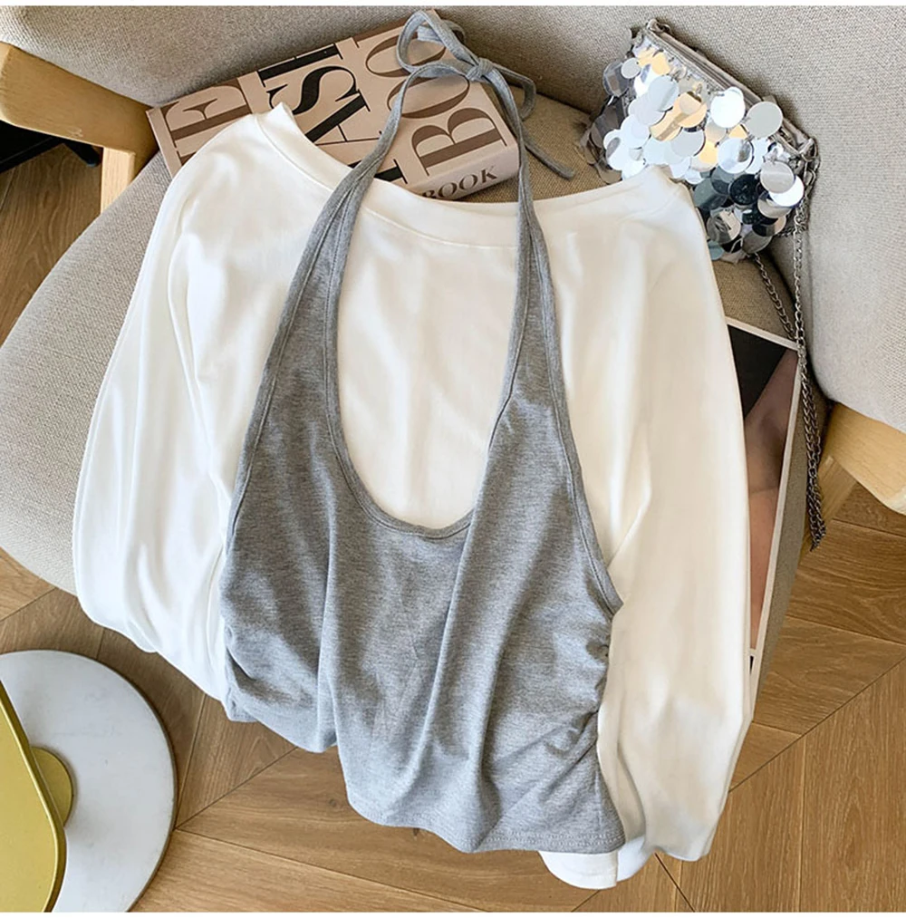 Faux 2 pièces col licou T-Shirt femmes 2025 nouveau automne Style coréen taille froissée coupe ajustée pull à manches longues hauts à la mode