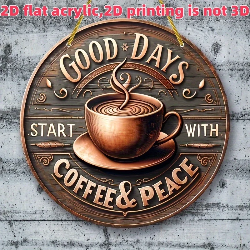 2D-Metallschild, runde Retro-Wandkunst aus Metall mit der Aufschrift „Coffee & Peace Begins Here“ für die Dekoration von Küche, Zuhause, Büro und im Freien