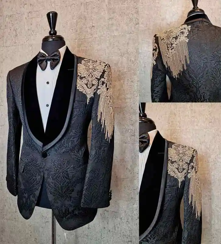 

Classic Jacquard Men Suits Set Shawl Lapel Tuxedos Wedding Groomsmen Party Simple Beaded Appliques Jacket 2 Piece Formal Dress