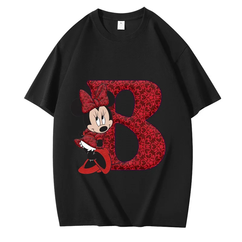 Disney Minnie Letter A B C D Children Black T-Shirt Fashion Tee Shirts Cartoons Kid Casual Clothes Girl Boy Harajuku Tops Hot