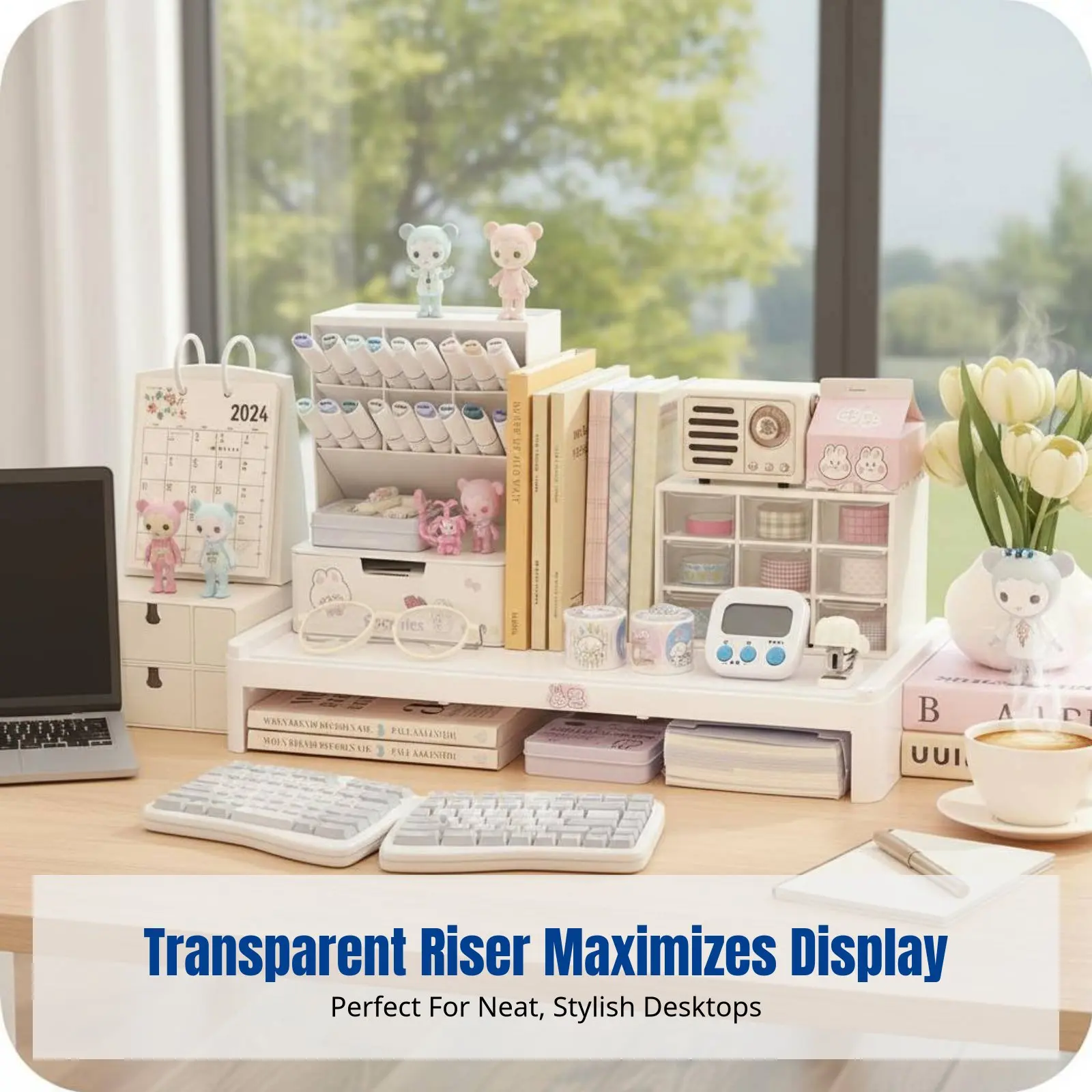Desktop Screen Riser, Clear Storage Rack, Display Stand for Figures, Office, Student Desk Organizer