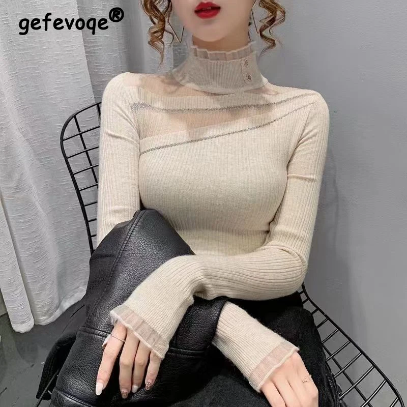 

Women Sexy Sheer Patchwork Half High Collar Elegant Knitwears Autumn Winter Female Solid Long Sleeve Slim Pullover Tops Jumpers