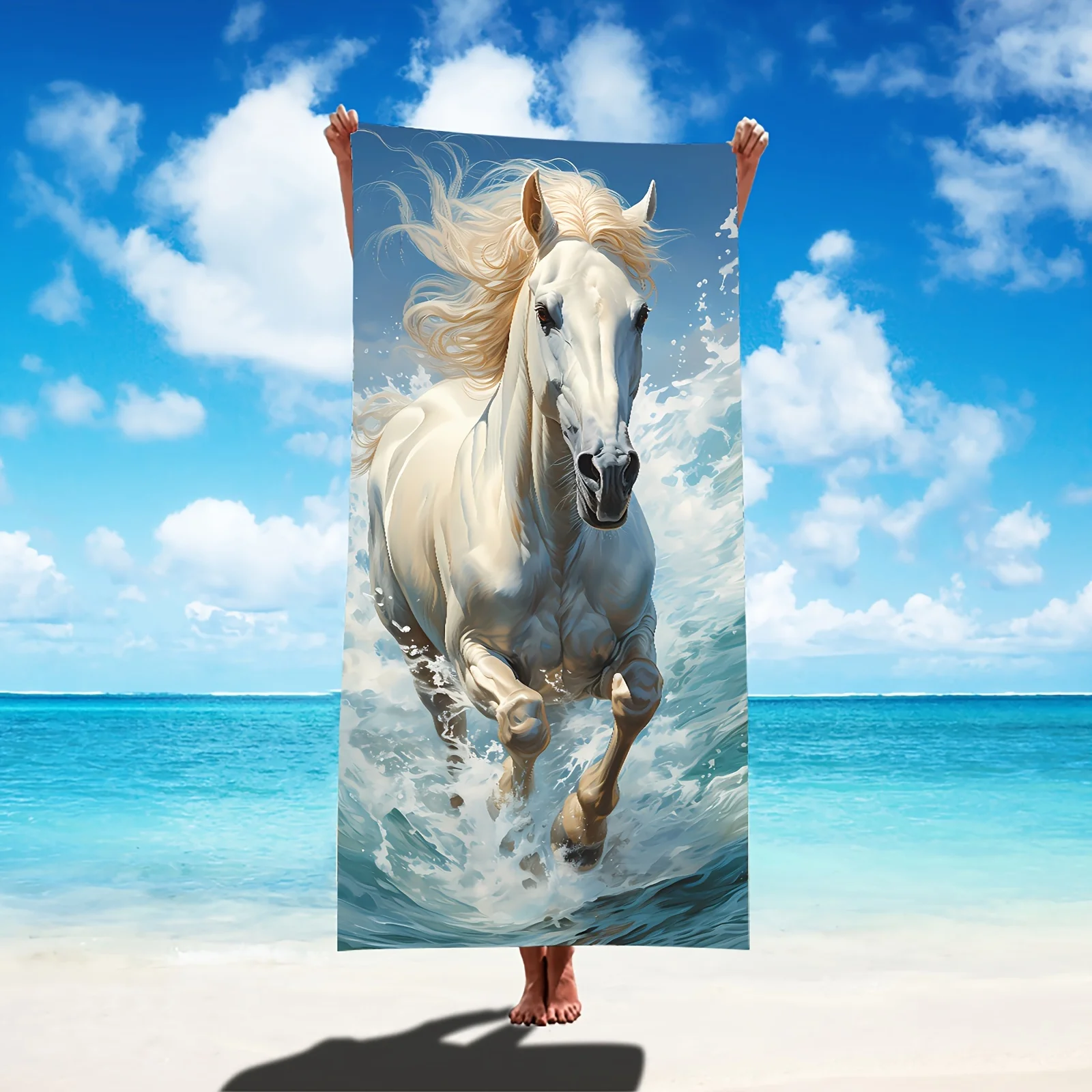 Running White Horse Beach Towel Patterned Sunscreen And Windproof Suitable For Swimming Pool Camping Travel Blanket