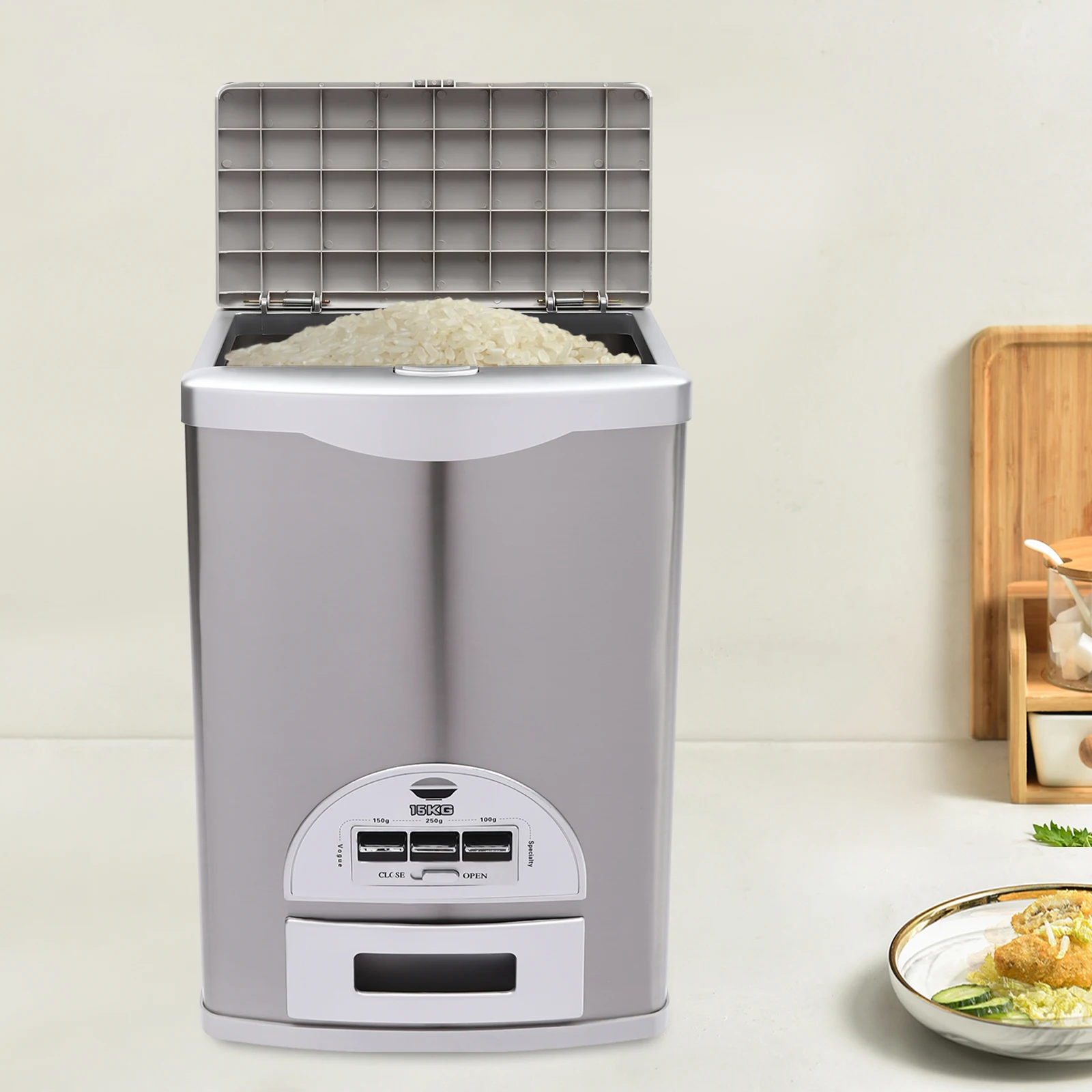 

Rice Dispenser Storage Container Silver ABS Stainless Steel Modern Rectangular Rice Storage Container