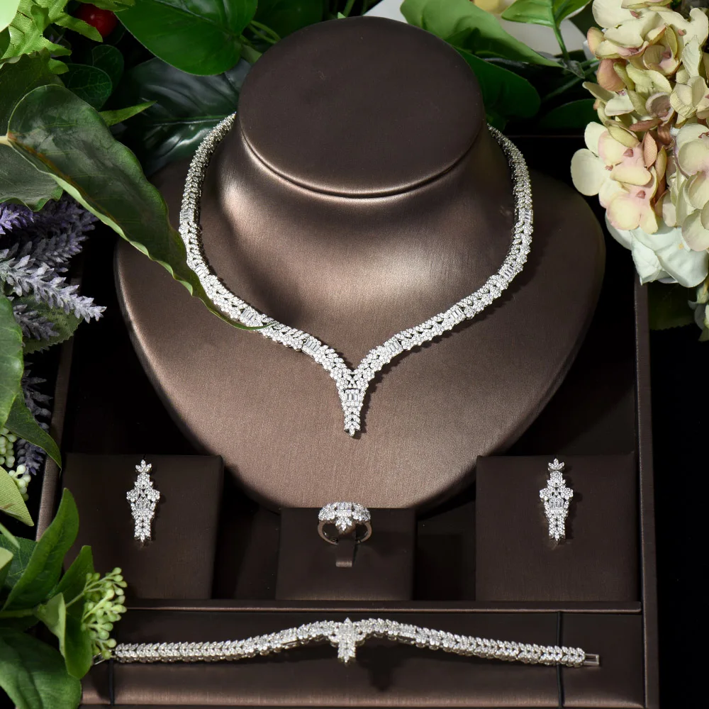 HIBRIDE Full Micro CZ Paved 4pcs Necklace and Earring Set Geometric Jewelry Sets for Women Bridal Wedding Accessories N-1234