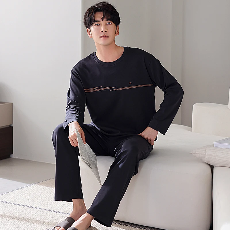 Plus Size M-4XL Spring and Autumn Men Pajamas Set Knited Cotton Sleepwear Male Casual Long Sleeve Pyjamas