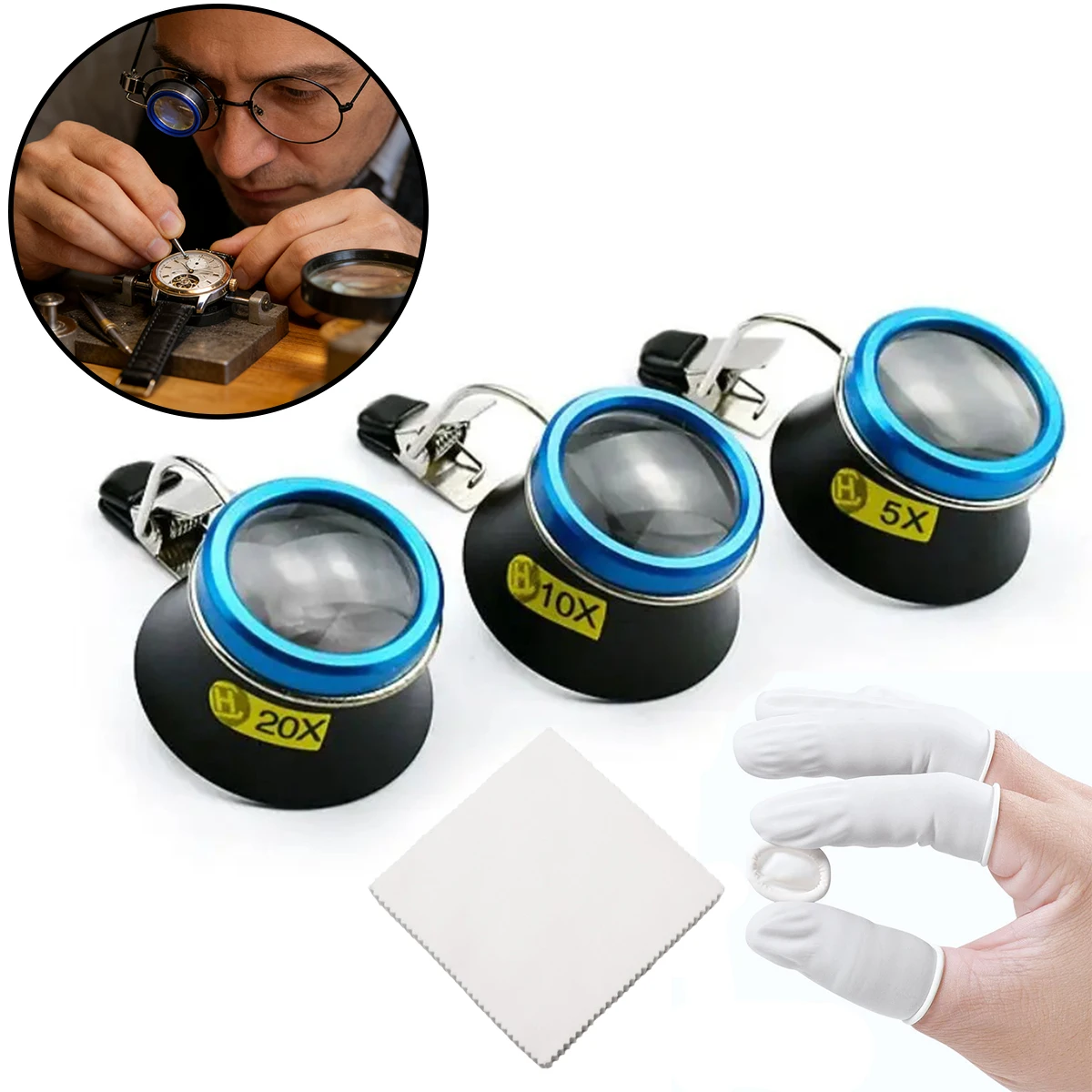 3Pcs Clip-On Magnifier Set with Finger Cots & Cloth – 5X/10X/20X  Magnification| Watchmaker Repair Tool for Precision Work