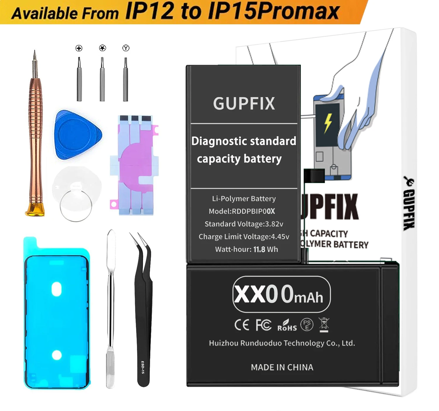 

Замена аккумулятора диагностической стандартной емкости GUPFIX для iPhone 12 12Pro 11 13 12pro max 14Plus 15 X XR с набором инструментов