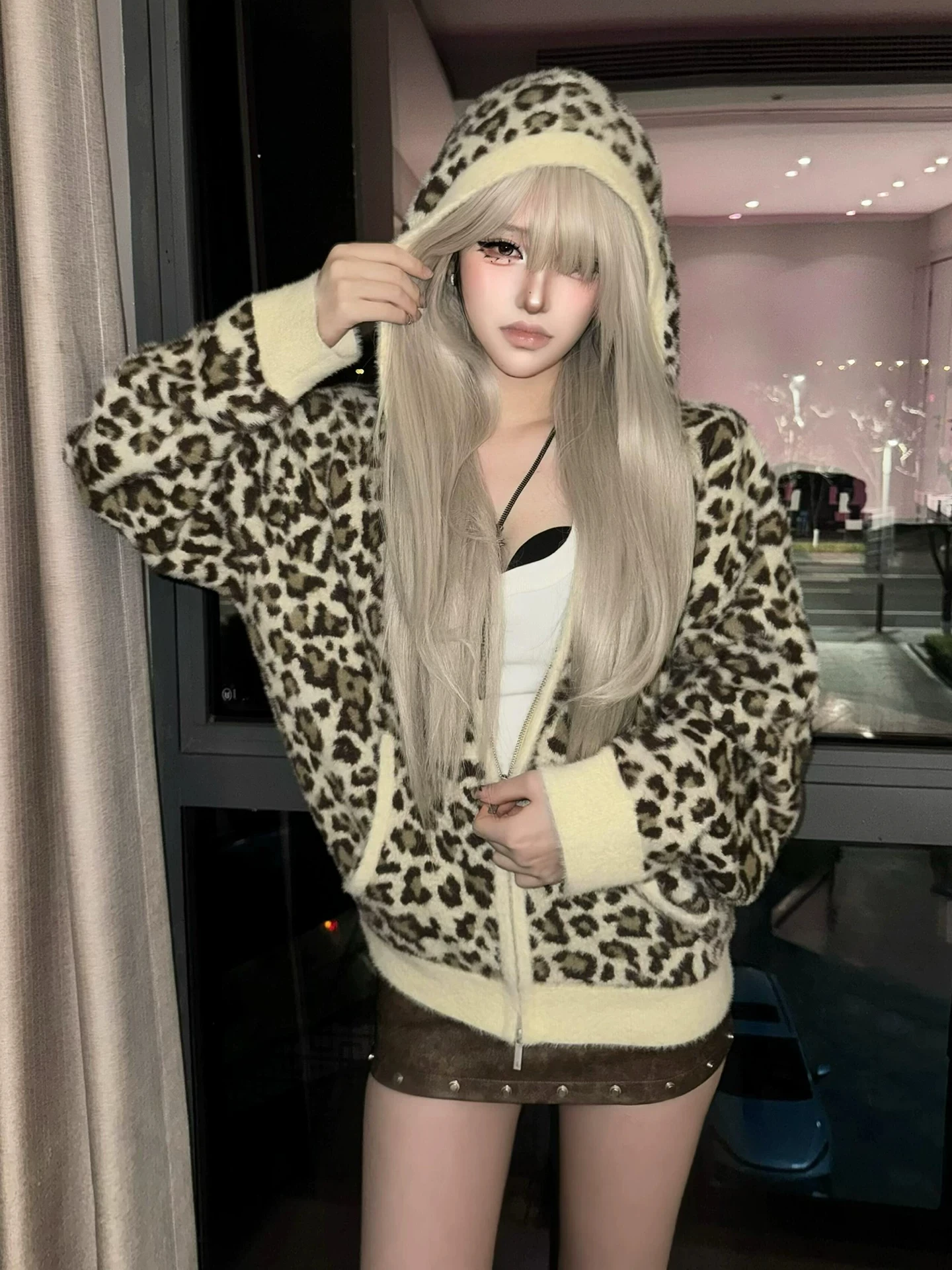 Y2K Millennium Style Hooded Knitted Sweater Coat Leopard Print Embroidery Men Women Autumn Winter New Arrival Street Fashion Top