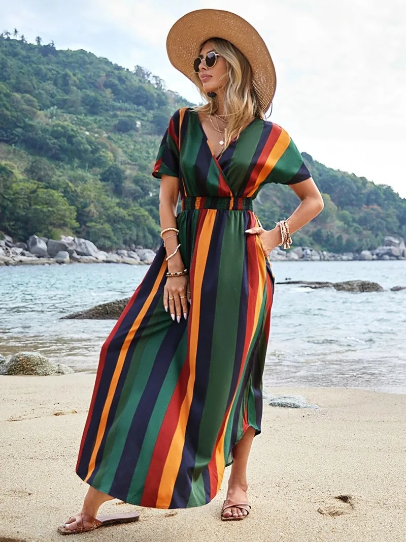 

Women's clothing spring and summer fashion temperament V-neck short sleeve vertical stripe elastic waist beach dress long