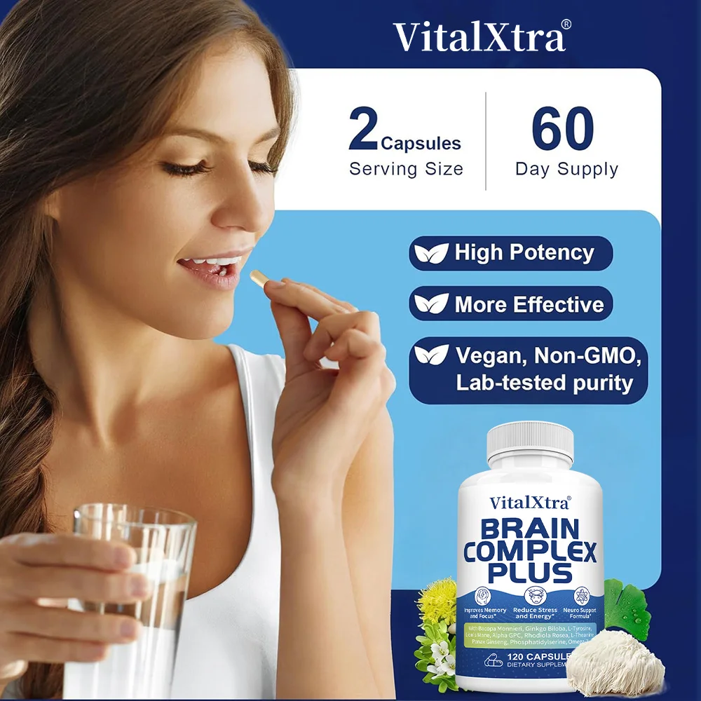 Brain Complex Capsules, Lion’s Mane, Bacopa Monnieri, Ginkgo Biloba, Enhance Memory and Concentration, Support Brain Health