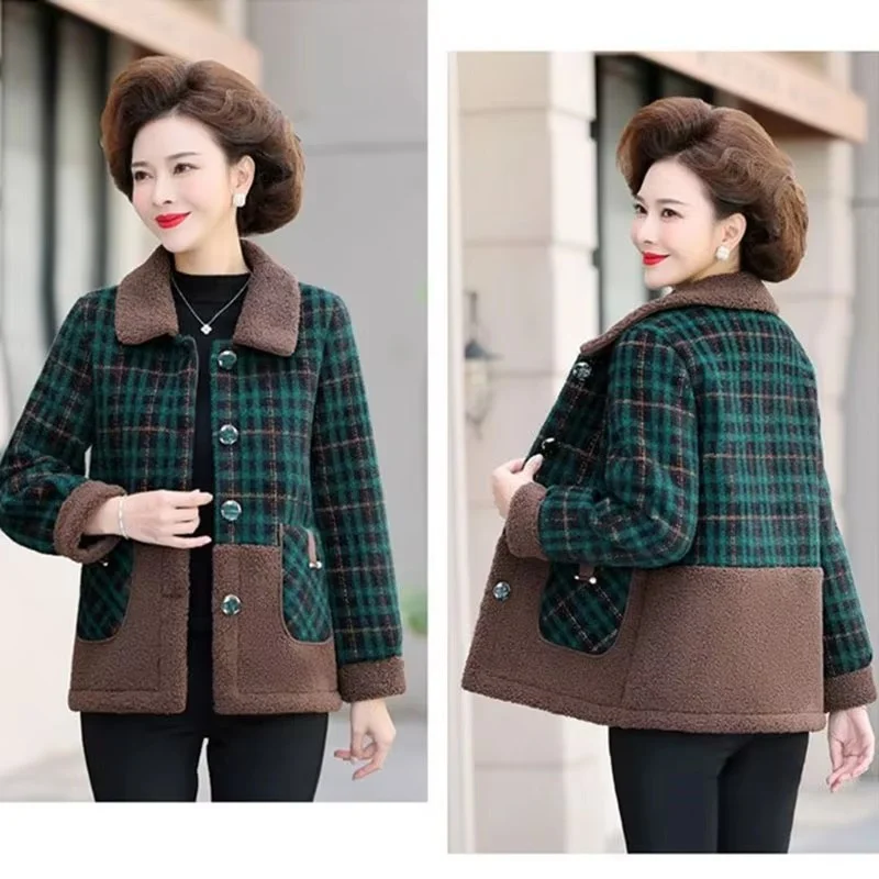 Spring Autumn New Middle Aged Mother Wool Blend Jacket Women Splicing Together Top Coat Korean Female Large Size Woolen Outwear