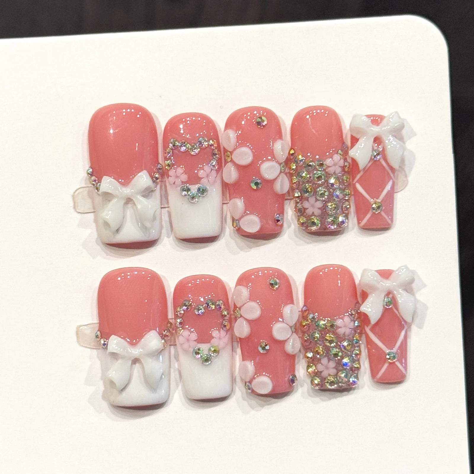 

10pcs Handmade Long Squared Ballet False Nails 3D Bowknot Flower Shiny Diamond Press On Nails Sweet White French Style Fake Nail
