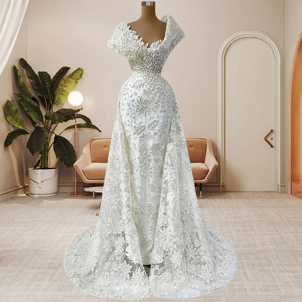 

Lace Prom Dresses A-line Off The Shoulder Pearls Women Prom Gown Saudi Arabia Dubai Black Girls Evening Dresses Robe De Soiree