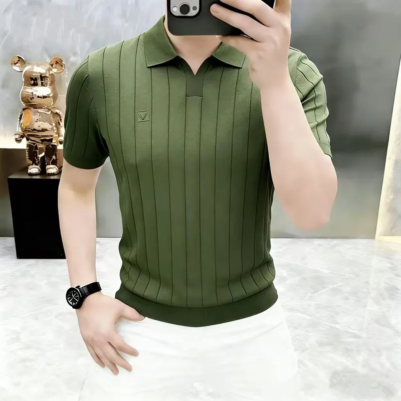 High-end Summer Men's Stylish and Handsome Business-style Polo Shirt with a Collar and Short Sleeves, Knitted Cotton Shirt.