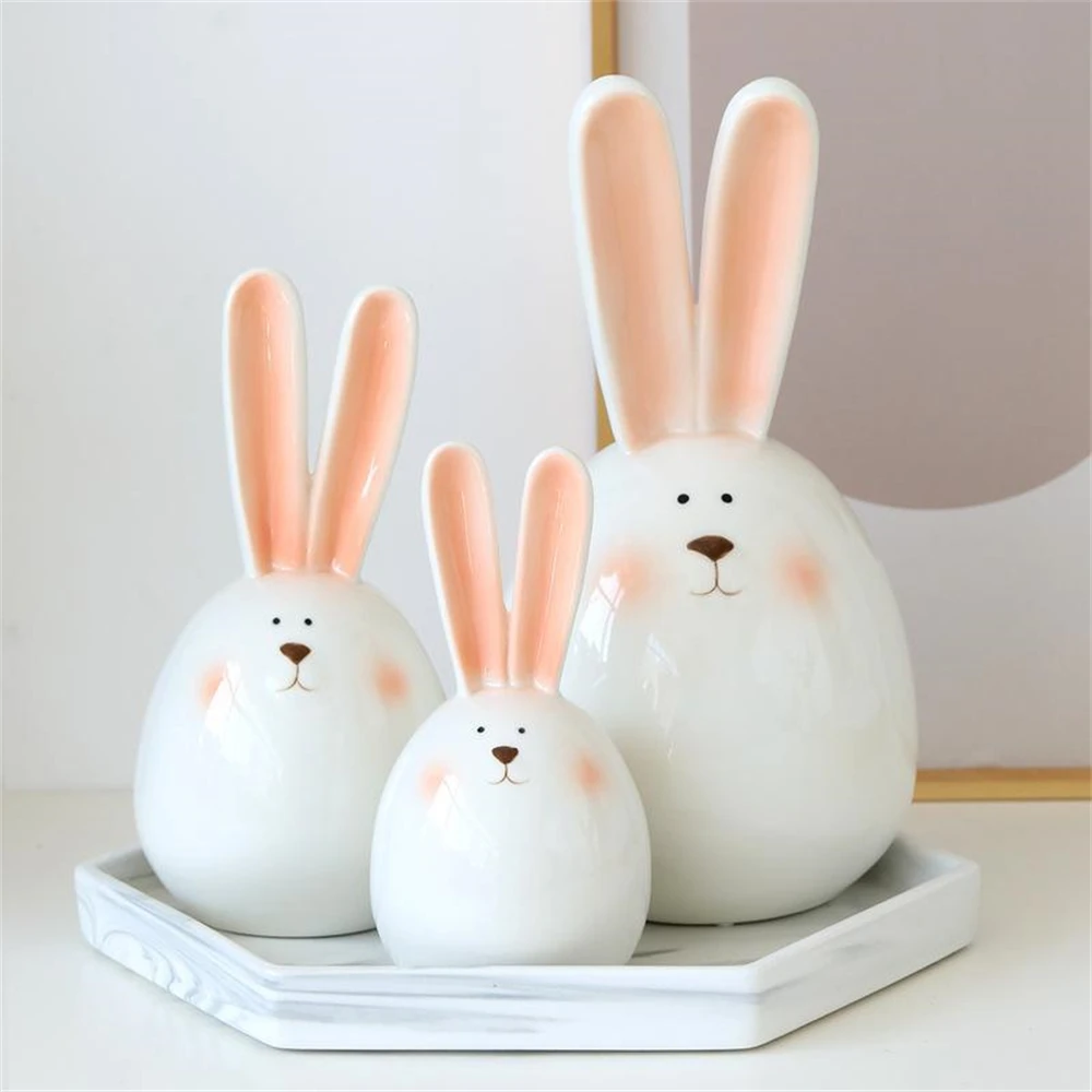 Cute Ceramics Long Ears Rabbit Head Home Decoration Accessories Living Room Ornament Round Bunny Crafts Easter Gifts For Friend