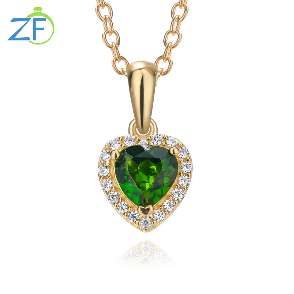 

GZ ZONGFA Sweet Heart Necklace Natural Chrome Diopside Gold Plated Pendant Real 925 Sterling Silver for Valentine's Day Gifts