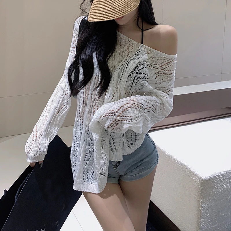 Gidyq Summer Sexy Hollow Out Knit Blouse Women Korean Fashion Lace Up Loose Sun Protection Shirts Casual Streetwear Female Tops