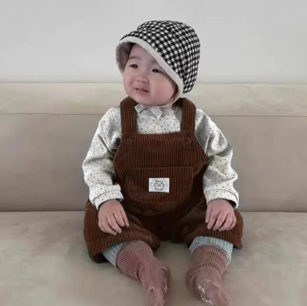 2025 outono novo bebê macacão de veludo meninas bonito vintage calças casuais infantil menino versátil cinta calças da criança macacão