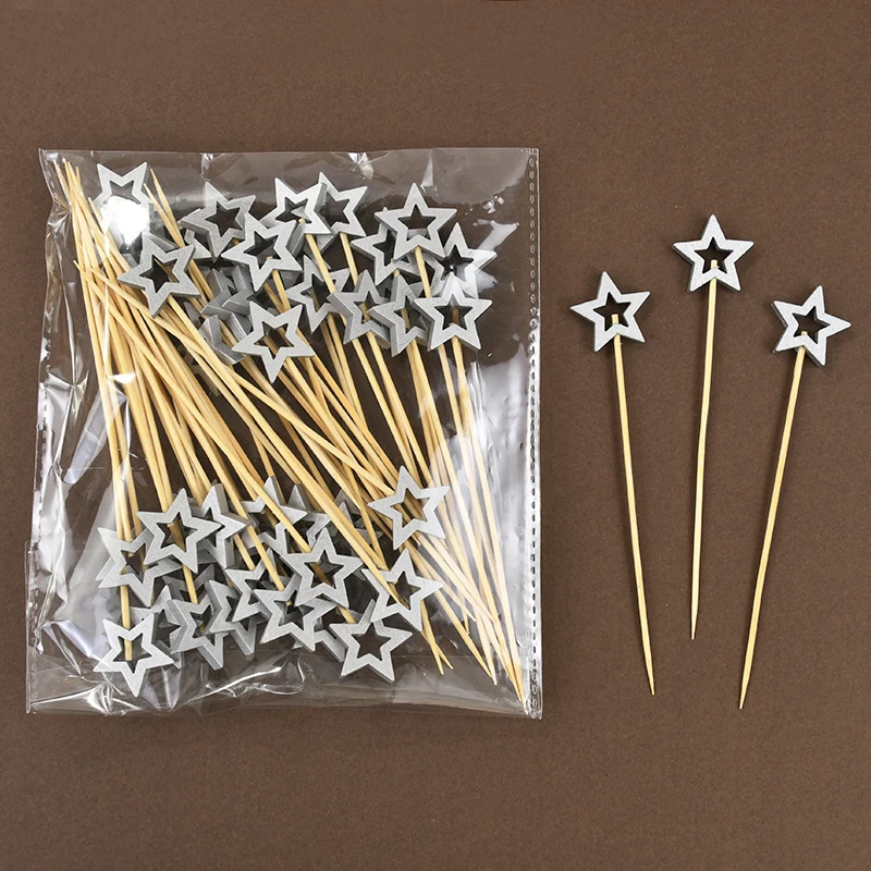 50pcs/lot Star Disposable Bamboo Skewers Food Cocktail Picks Buffet Fruit Cupcake Fork Sticks Wedding Birthday Party Table Decor