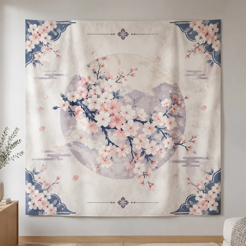 VIKAMA Cherry Blossom Branch Corner Motif Tapestry Wall Hanging, Japanese Wall Decor Tapestries for Bedroom Nursery Kids Room
