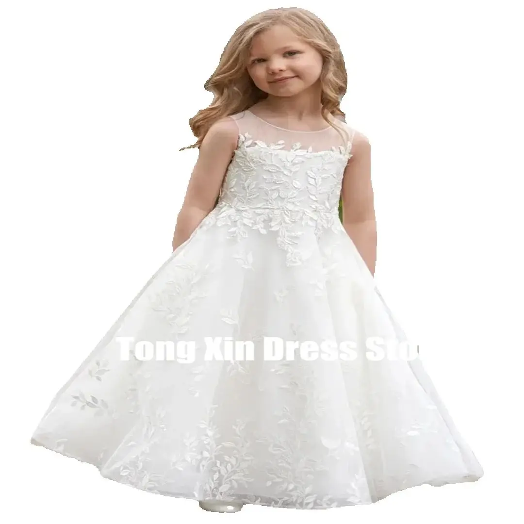 Sukienki dla dziewczynek sypiących kwiatki z białego tiulu, warstwowe, z aplikacjami, bez rękawów, na wesele, urodziny, pierwszą komunię.