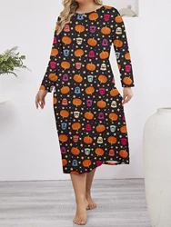 Autumn and Winter Halloween Pumpkin Printed Long Sleeve Comfortable Round Neck Long Sleep Skirt Large Casual Women's Pajamas