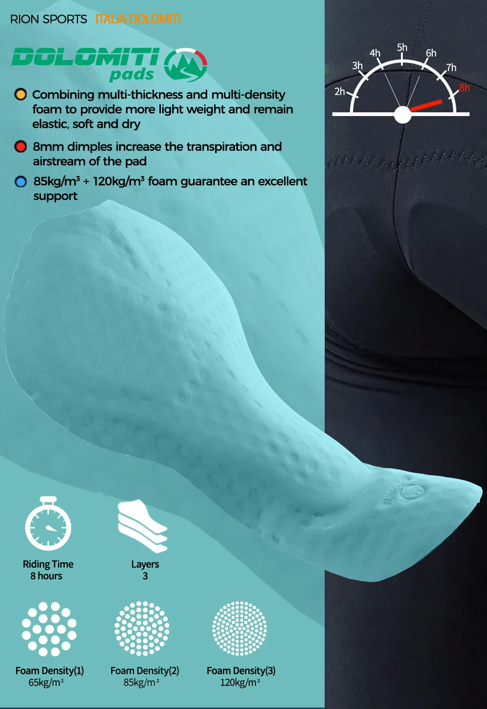 RION Herren Radsport-Trägerhose Mountainbike MTB Tights Polsterung Fahrrad-Trägerhosen Fahrradausrüstung Italienisches Dolomiti-Polster 8H Outdoor-Sport – Detail 8