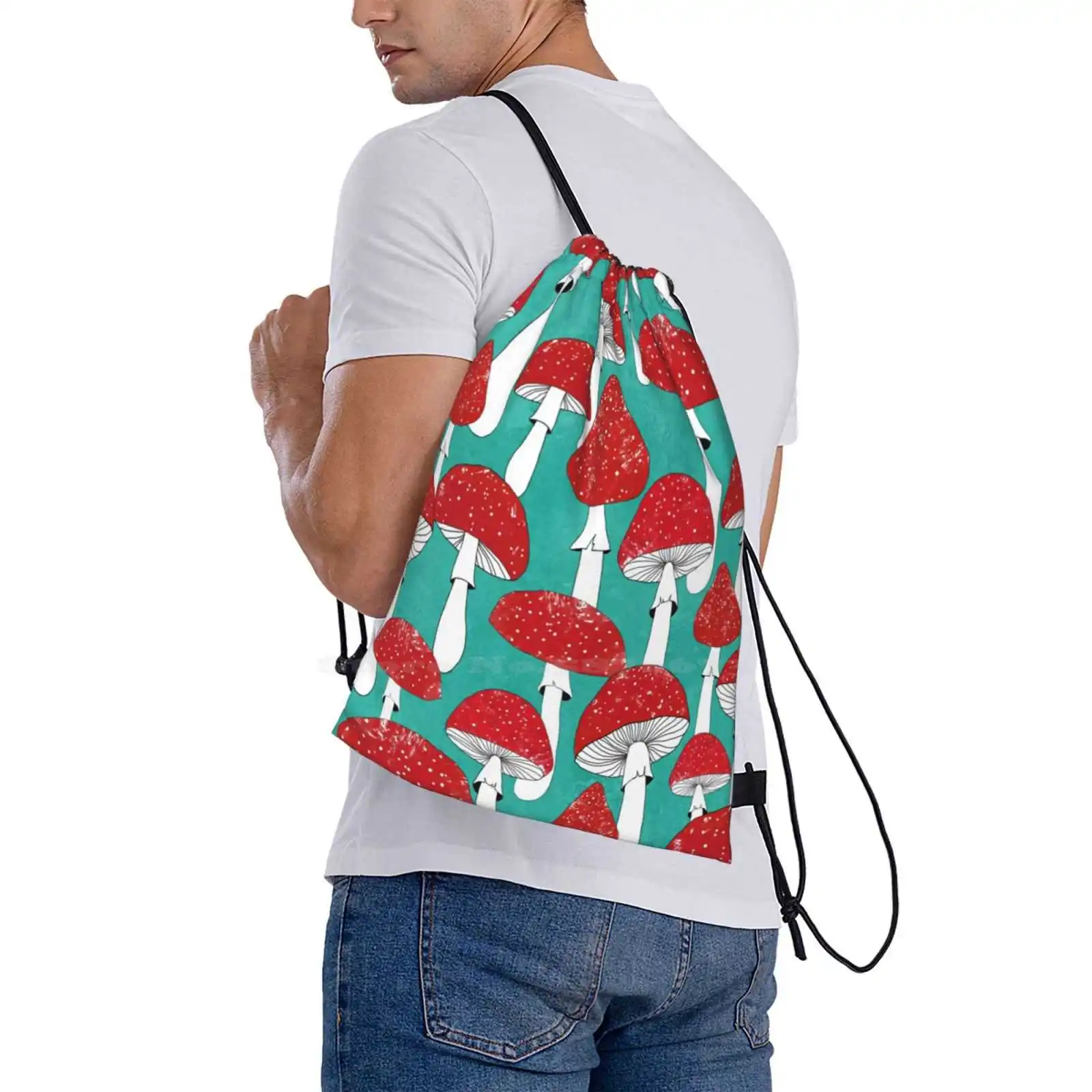 Rode Champignons Op Turquoise Blauwe Hete Verkoop Schooltas Rugzak Mode Tassen Rode Champignons Turquoise Blauwe Champignons Tekening