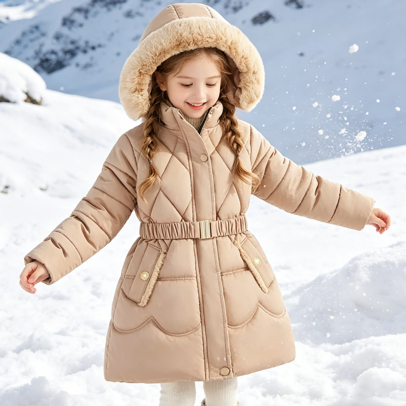 Girls' Quilted Coat,Furry Hood Outwear,Warm Girl's Cotton-Padded Jacket,Kids Puffer Coat,Windproof Winter Children's Down Jacket