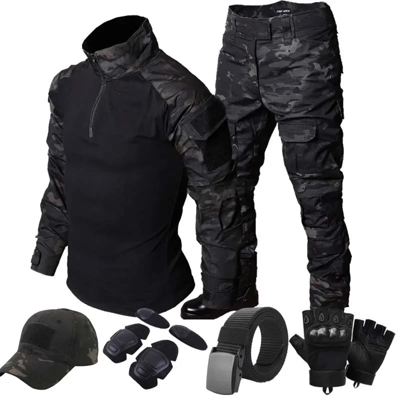 Black Camo Training Sets 1/4 Zipper Tactical Uniform Mens Combat Suits Outdoor Hunting Sets Shirt Cargo Pants Tops Duty Trouser