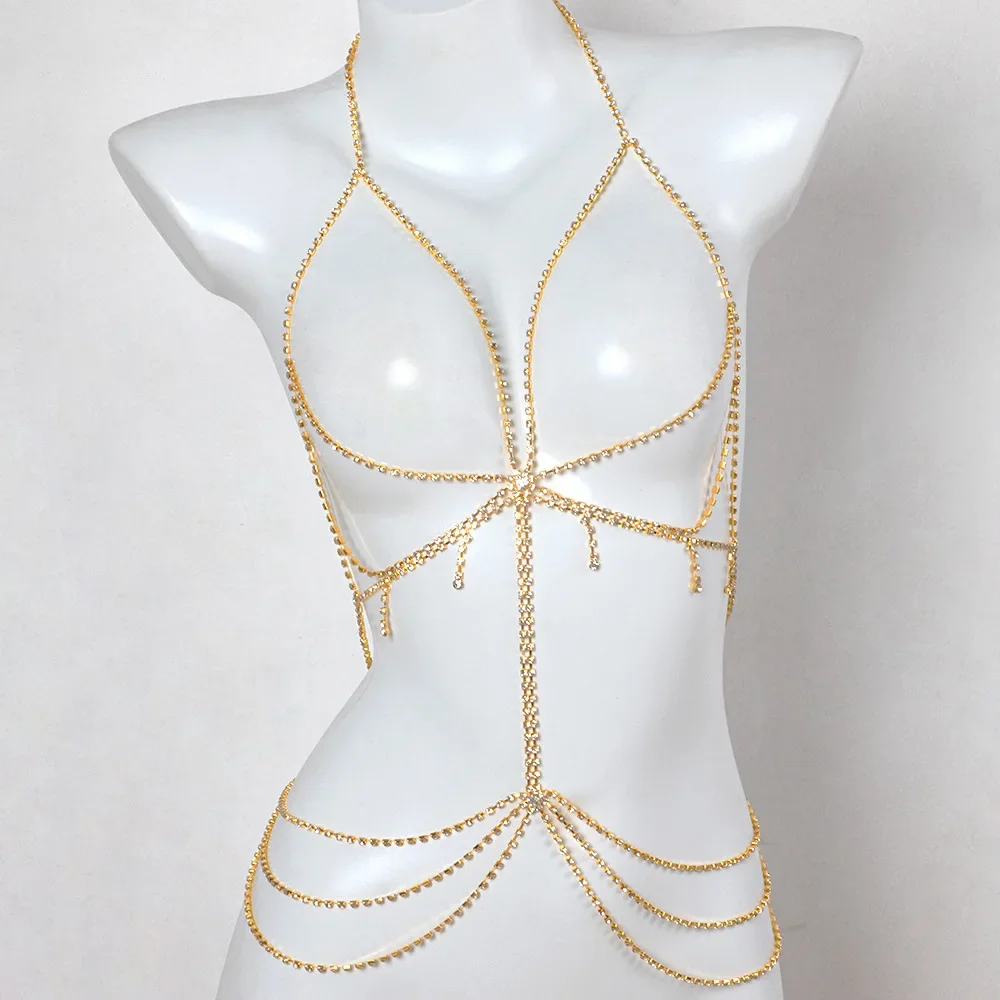 Charming Crystal Bra Harness Chain Draping Underbust Fringe Belt Full Body Jewelry Glittering Outfit Accent For Clubwear Dress