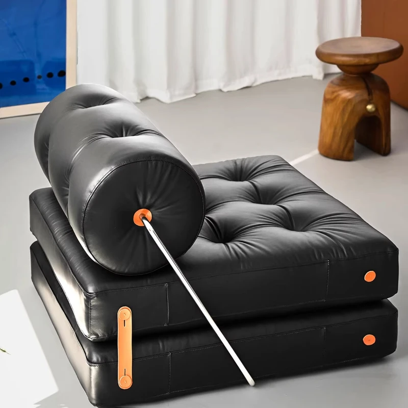 Evening wind home retro Bauhaus style black first layer cowhide single sofa bed module foldable