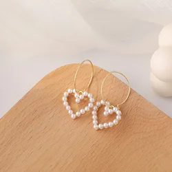 Metal Round Hollow Out Imitation Pearl Heart Drop Earrings for Women Wedding Party Sweet Love Dangle Pendant Jewelry Fashion