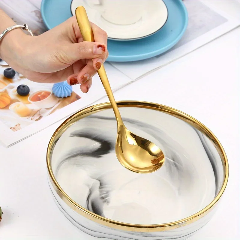2pcs Golden Stainless Steel Large Spoons, for Hot Pot, Soup, Porridge - Long Handles, Elegant Kitchen & Dining Utensils,Spoon 3