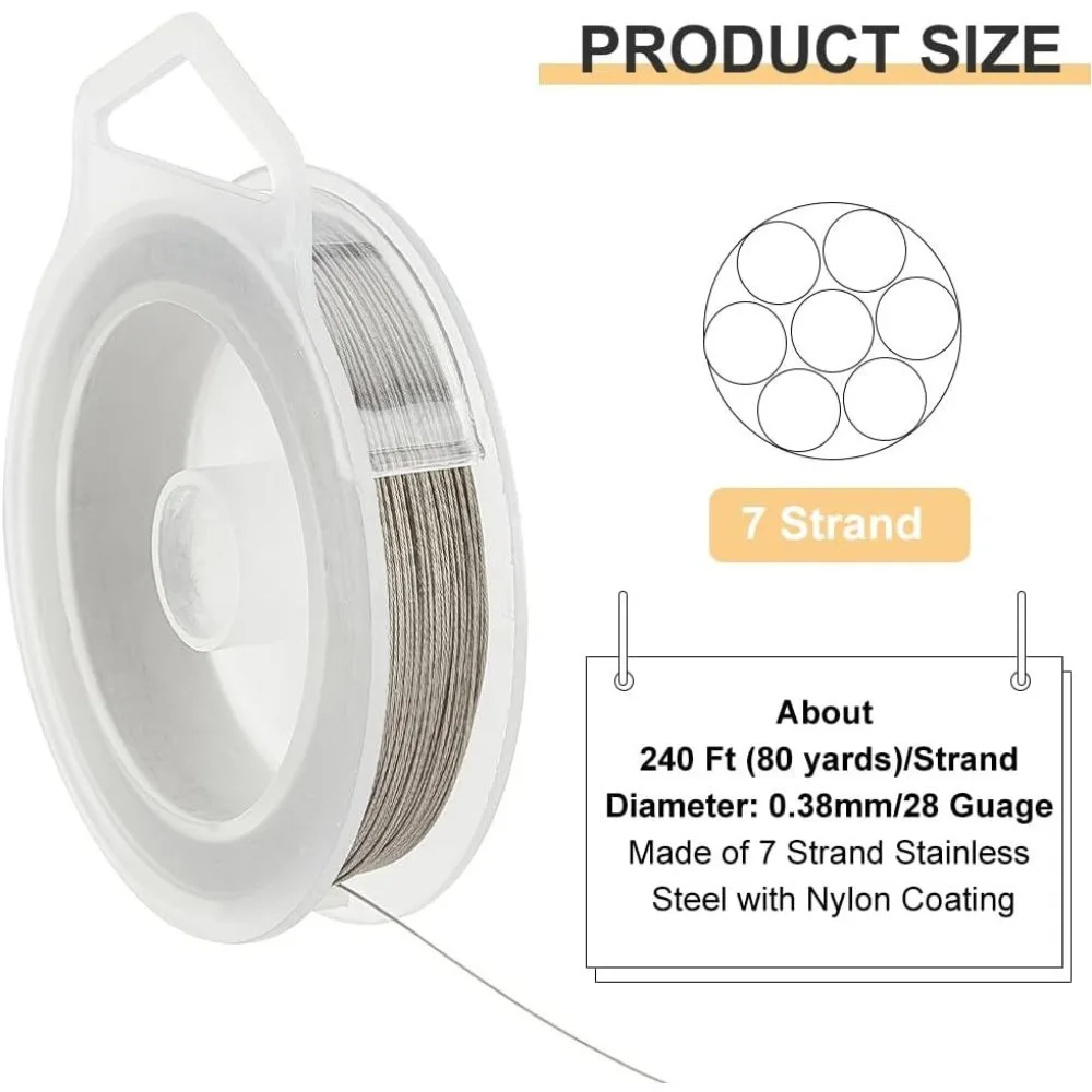 7 Strands Bead String Wire (0.25MM 490FT) Nylon Coated Stainless Steel Beading Wire for Necklace Bracelet Making