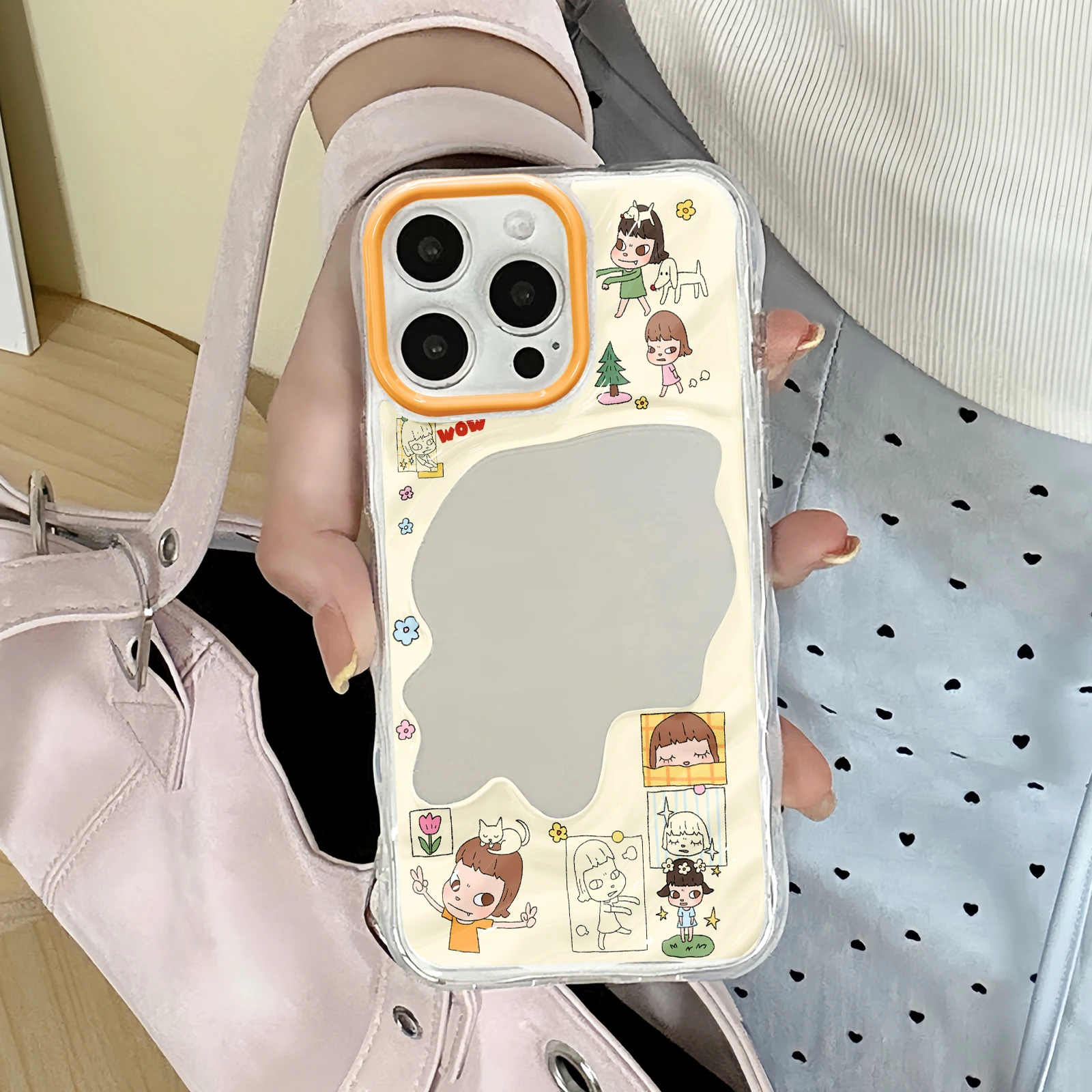 Simple Line Cartoon Girl Sticker Mirror Phone Cover, Clear Wavy All-in Orange Camera Frame TPU Case for All iPhone 11-17 Series - view 6