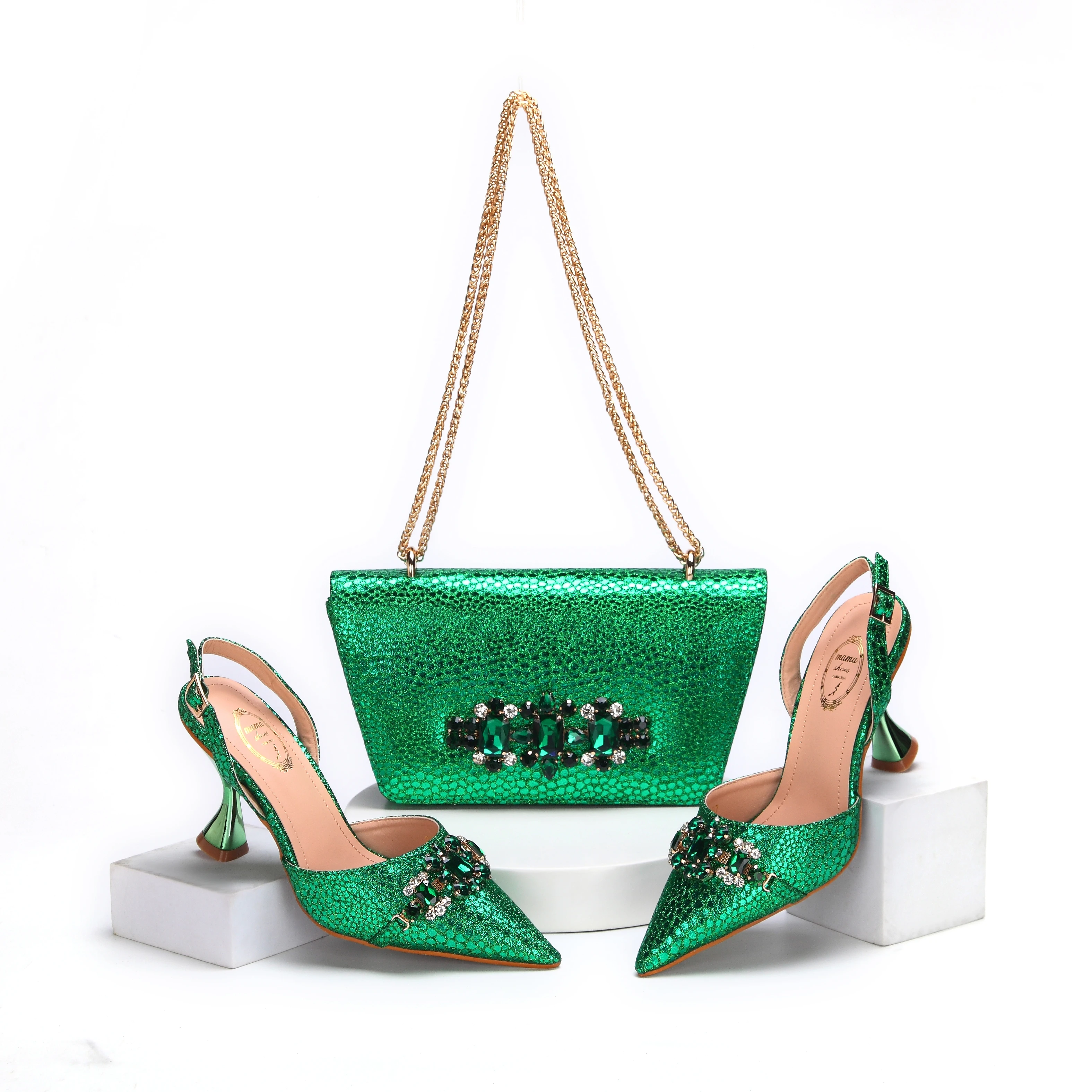 Doershow  New Arrival African Wedding Shoes and Bag Set green Color Italian Shoes with Matching Bags Nigerian lady party HMA1-5