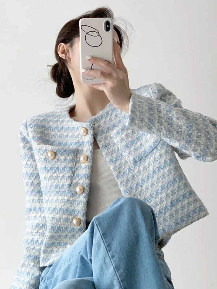 

Элегантные английские женские твидовые куртки, модное тонкое повседневное пальто с длинными рукавами, сексуальное укороченное милое женское универсальное верхнее белье, новинка